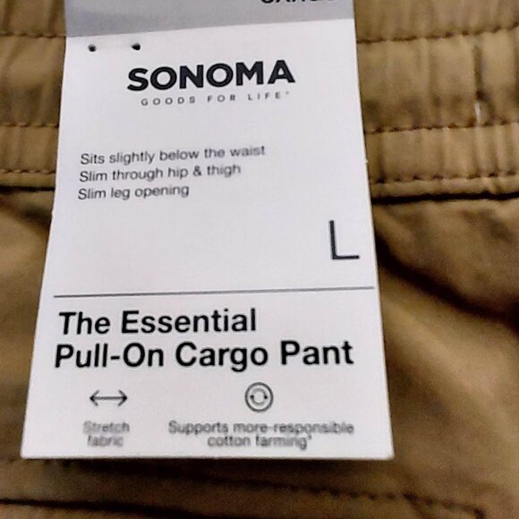 Sonoma Brand New Tan Slim Mens Cargo Pants SZ L 6 Pockets Pull On - Picture 6 of 9